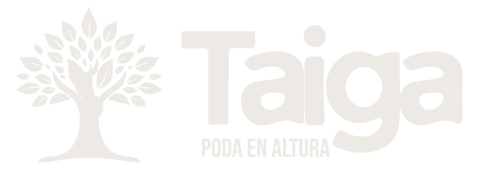 Un logotipo de color beige claro con un árbol estilizado a la izquierda y la palabra «Taiga» junto a él. Debajo de «Taiga», se lee «PODA EN ALTURA». El diseño y el texto tienen un aspecto sutil y descolorido.